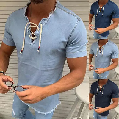 Men's Denim Short Sleeve V-Neck T-Shirt Casual Lace Up Pure Color Blouse S-4XL • $21.69