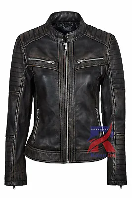 Sexy Ladies Cafe Racer Moto Biker Distressed Black Vintage Real Leather Jacket • $85.75