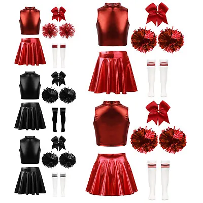 Kids Girls Cheer Leader Uniform Breathable Crop Top With Skirt Sleeveless Soft • £7.99