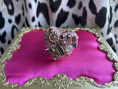 Betsey Johnson Vintage Rose Gold Pink Crystal Embellished Heart Stretch Ring • $82.99