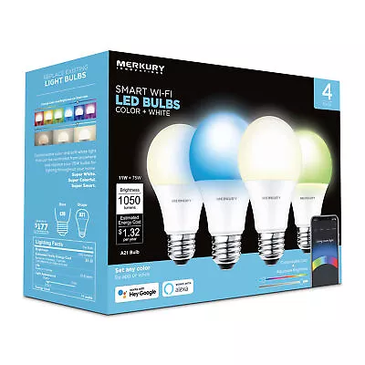 Merkury Innovations Dimmable 75W Equivalent Wi-Fi Smart Bulb Color (4 Pack)new • $25