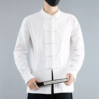 Men Long Sleeve Top Mandarin Collar Cotton Linen Shirt Casual Frog Button Retro • $33.52