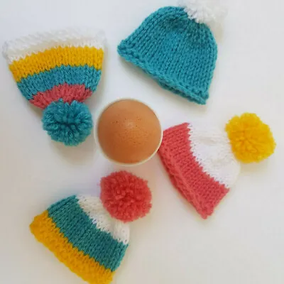 Cute Mini Easter Multi-Coloured Hand-Knitted Egg Cosies With Pom Pom Set Of 4 • £14