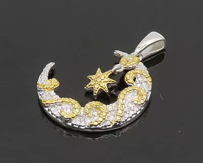 KARIS 925 Silver - Vintage Shiny Two Tone Crescent Moon & Star Pendant - PT15800 • $34.13