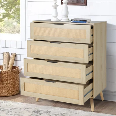 $199.99 • Buy 4 Drawer Dresser, Rattan Chest Of Drawer Modern Dresser For Bedroom Living Room