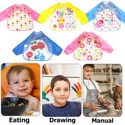 Baby Kids Bibs With Full Long Sleeve Baby Toddler Weaning Feeding Apron Smock • £3.29