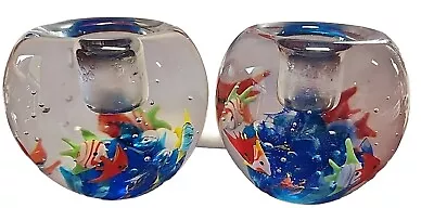 TROPICAL FISH AQUARIUM CRYSTAL Pair Of CANDLESTIX MURANO STYLE ART GLASS 2pc Lot • $73
