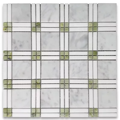 C262XH Carrara White Marble Plaid Tartan Mosaic Tile Green Jade Thassos Honed • $35.99