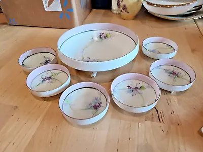 VINTAGE Hand Painted Elite Nippon Floral Footed 7 Piece Berry / Nut Bowl Set • $34.99