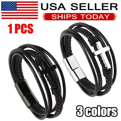 Men's Cross Multi Layer Stainless Steel Fashion Leather Bracelet Classic Gift • $6.95