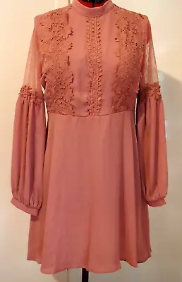 $7.50 • Buy SHEIN Size Euro XL Fit 12 Long Sleeve Pink Lace Trimmed Special Occasion Dress