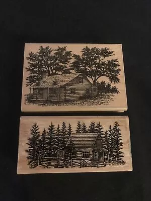 STAMPSCAPES Wood Rubber Stamp CABIN Forest House Country Trees Cabin With Fence • $32.99