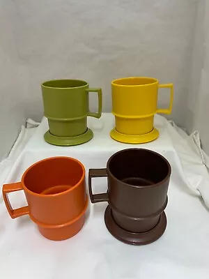 4 Vintage Tupperware Fall Colors Stackable Cups Mugs With 3 Coasters Lids GC • $12