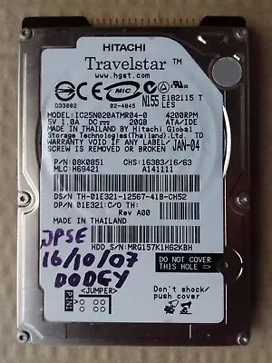 Hitachi IC25N020ATMR04-0 20GB 4200RPM 2MB 2.5 Inch Ultra-ATA/100 Hard Disk Drive • £15