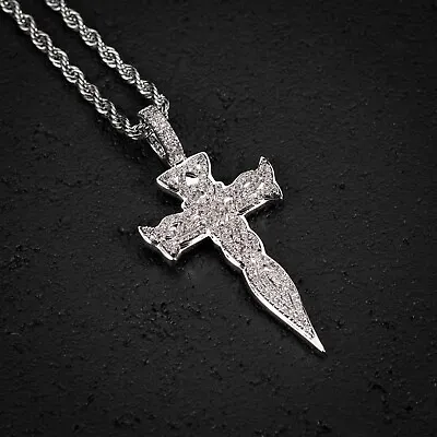 Silver Plated Cz Iced Men's Celtic Cross Pendant With Rope Chain Necklace • $27.29
