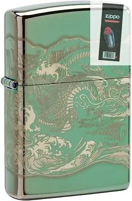 Zippo 08313 Dragon And Tiger Engraved 360 Green Lighter + FLINT PACK • $58.59