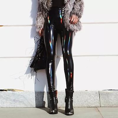 Women's Shiny Holographic Leggings Wet Look PU Leather High Waist Skinny Pants • $23.40