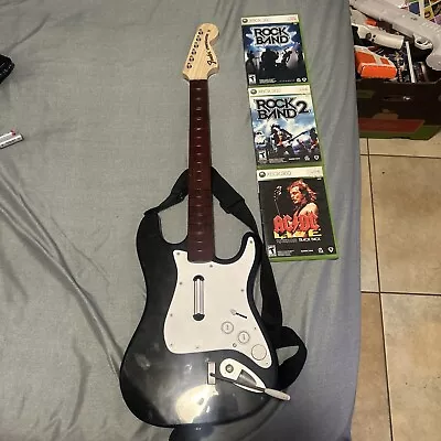 Rock Band XBox 360 Wireless Bundle Fender Stratocaster Guitar AC/DC Live + More! • $185