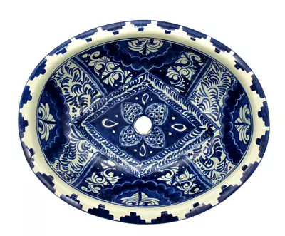 Talavera Pottery Bathroom Sink Mexican Ceramic Blue Drop In X Large Oval Vtg 21  • $175