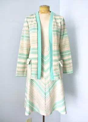 Vtg 60s 70s Mod Jadeite Green Stripe 2-Pc Open Suit Jacket A-Line Skirt Suit 12 • $34.99