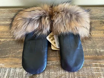 NWT Women's Black Leather Mittens With Finn Raccoon Fur Of Canada Size M • $99