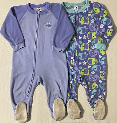 Lot Of 2 - Gerber Girl's Fleece Footed Pajamas - 24 Months - Purple Elephants • $11.99