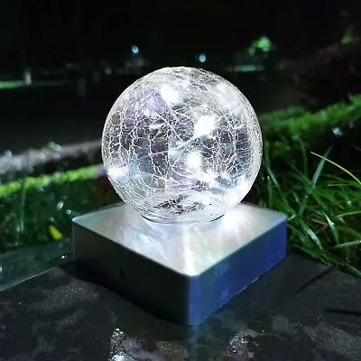 Solar Crackle Glass Ball Garden Post Deck Cap Light Square Outdoor Fence Lights • £14.95