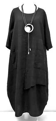 PLUS SIZE LA BASS BLACK LINEN 2 POCKETS LAYERING EXTRA LONG DRESS UK Size 22-24 • $123.09