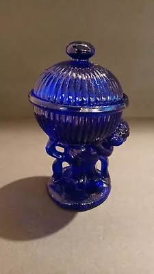 Rare VTG Cobalt Blue Glass Boy Holding 2 Pc Fluted Globe Candy/Trinket Dish. • $12.95