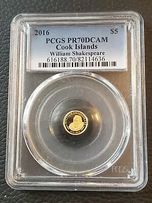 2016 Cook Islands 5 Dollars “shakespeare” Gold Coin Pcgs Pr70dcam • $99.99