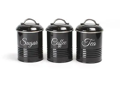 Set Of 3 Black Kitchen Canisters Tea Coffee Sugar Airtight • £13.49