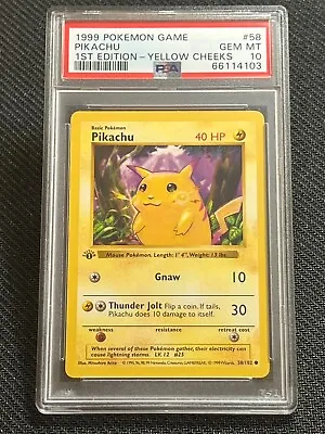 $1600 • Buy PSA 10 1999 Pokemon Base Set 1st Edition Pikachu Yellow Cheeks 58/102 WOTC