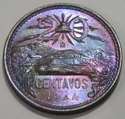 Mexico 20 Centavos 1944 Pyramid Eagle Snake Rainbow Toned World Coin 🌈⭐🌈 • $5.50