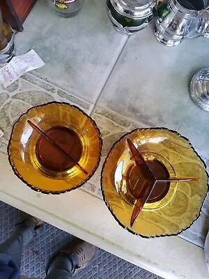 Vintage Set 2 Farber Bros Krome Kraft Metal Amber Glass Divided  Serving Dish • $58