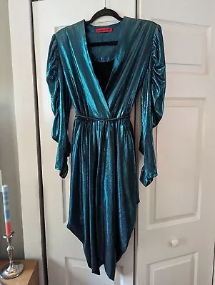 Vivienne Tam 2017 Runway Metallic Blue Aqua Dress Ruching V Neck Belt Sz M • $60