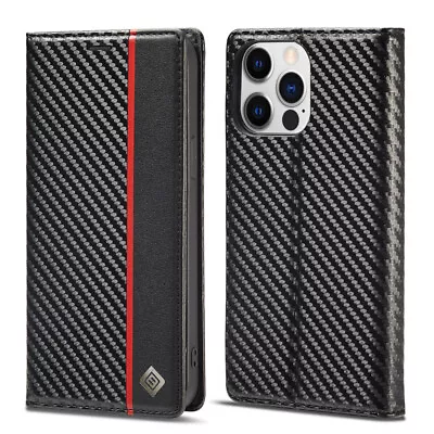 Fashion Carbon Fibre Stand Flip Wallet Cover Phone Cases With Card Slot • £8.39