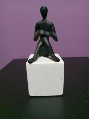 Sitting Metal Pose Statuette Sitting On White Marble Block 7  Tall Modern Heavy • $24.99