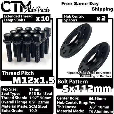 2x 10mm Thick 5x112 66.56mm CB Wheel Spacer 12x1.5 Black Bolt Fit Mercedes Wheel • $50.59