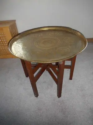 Antique Brass Benares Brass Tray Engraved On Stand Table Foldable Large • $258.66