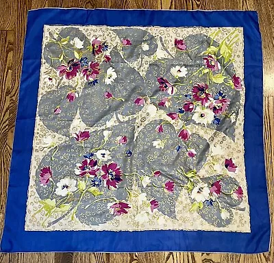 Vintage 1960s Silk Specialty House Blue Floral Hand Rolled Painted Scarf Italy • $19.99