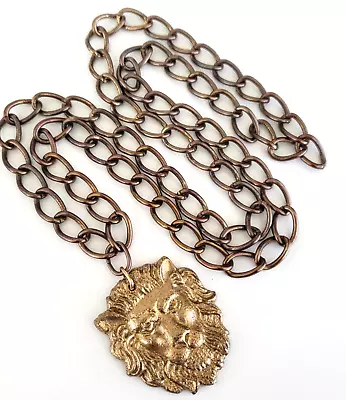 Vintage Lion Leo Face Zodiac Bronze Gold Tone Pendant Necklace 28  Claspless • $16.95