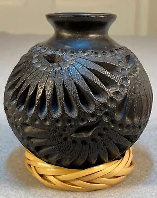 Vintage Oaxaca - Mexican Black Pottery Negro Handmade Pierced Art Vase • $20