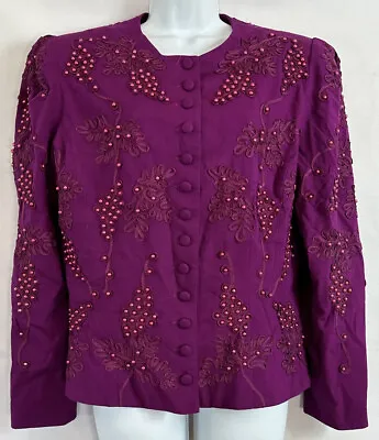 Vintage Marie St. Claire Size 12 Victorian Purple Button Bead Embellished Jacket • $20.87