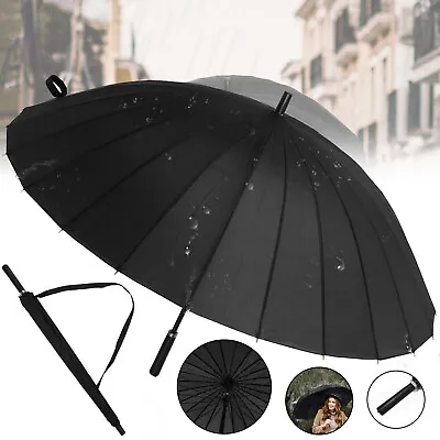 Super Strong Windproof 24 Steel Ribs Stormproof Folding Black Umbrella Men Women • £10.96
