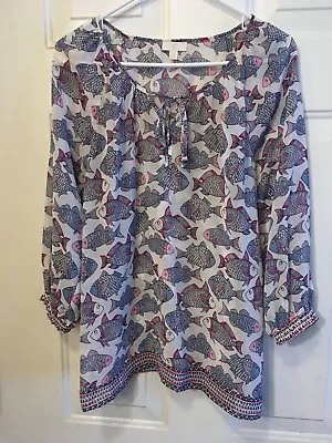 C Wonder Sz SMALL Women's SHEER FISH PRINT BLOUSE TOP 3/4 Sleeve With Tassels • $13.50