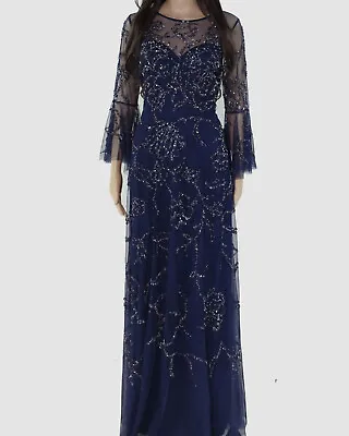 $495 Aidan Mattox Women's Blue Long-Sleeve Round-Neck Beaded Gown Dress Size 2 • $138.78