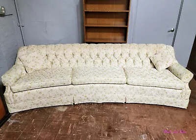 Mid Century Long Tufted White Floral Sofa Couch • $965