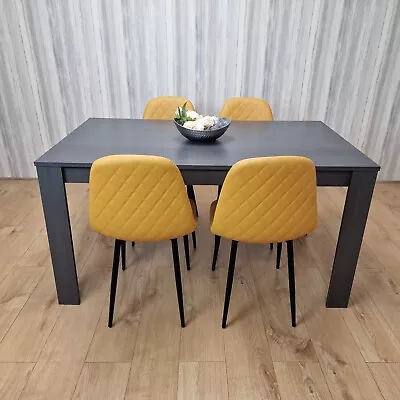 Dark Grey Dining Table With 4 Mustard-Stitched Chairs Dining Room Set • £199.99