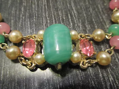 Vintage Poured Green Glass Pink Rhinestone Faux Pearl 2 Strand Choker Necklace! • $49.99