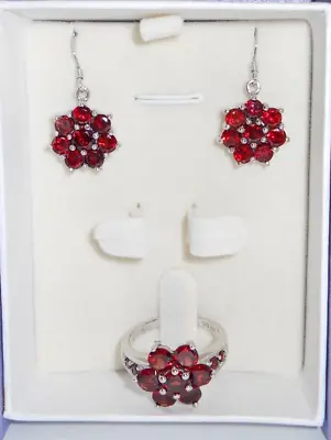 Sterling Silver  & Garnet Jewelry Set Ring Size 8.5 Earrings In Gift Box #447 • $39.96